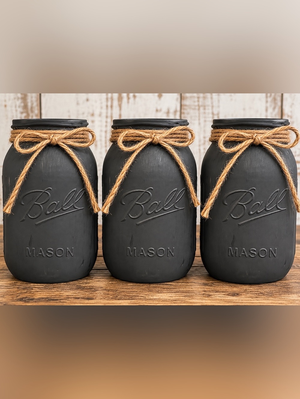 Mason Black Matte Decorative Mason Jar with Twine Accent- set of 3 Jars
